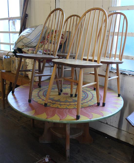 Set of 4 Ercol dining chairs and a painted circular table